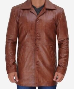 Men’s Quarter Length Cognac Lambskin Leather Car Coat