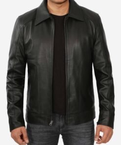 Mens Shirt Collar Classic Black Leather Jacket