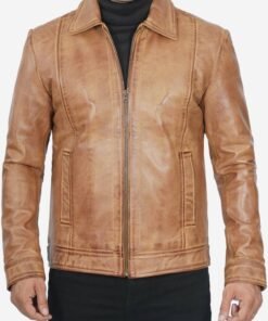 Mens Shirt Collar Yellow Waxed Leather Jacket