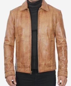 Mens Shirt Collar Yellow Waxed Leather Jacket