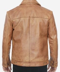 Mens Shirt Collar Yellow Waxed Leather Jacket