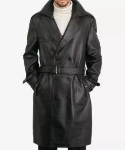 Mens Premium Double-breasted Black Lambskin Leather Coat