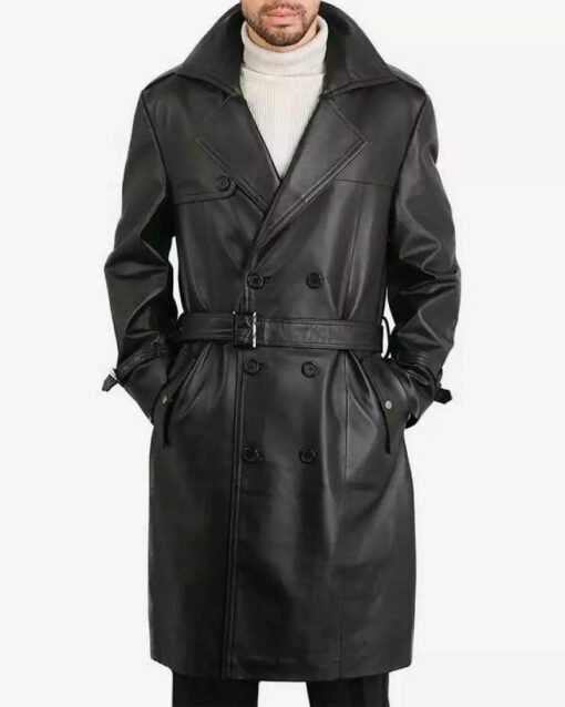 Mens Premium Double-breasted Black Lambskin Leather Coat