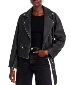 Black Belted Cropped Leather Jacket