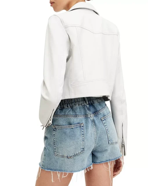 White Cropped Leather Biker Jacket