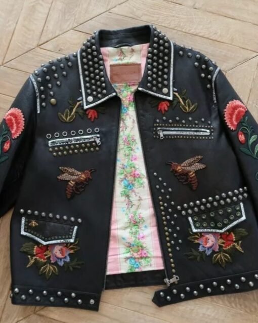 Gucci Floral Leather Embroidery Studded Jacket