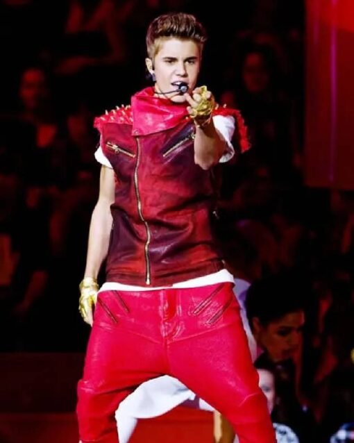 Justin Drew Bieber Red Spikes Real Leather Vest