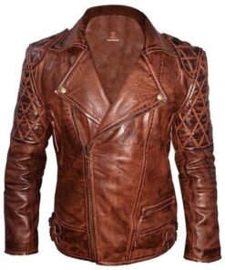 Mens Diamond Quilted Vintage Leather Biker Jacket Brown