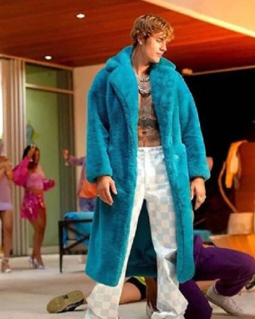 Justin Bieber Singer Blue Long Fur Coat