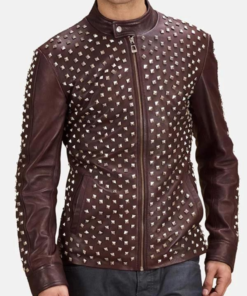 Men’s Biker Style Studded Brown Leather Jacket