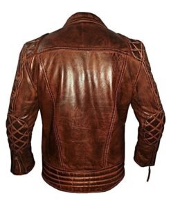 Mens Diamond Quilted Vintage Leather Biker Jacket Brown