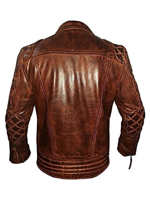 Mens Diamond Quilted Vintage Leather Biker Jacket Brown