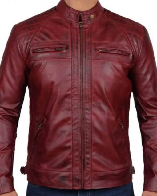 Men’s Distressed Quilted Style Maroon Leather Jacket