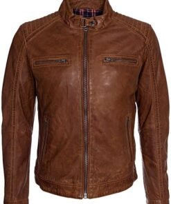 Mens Waxed Sheepskin Fashion Classic Leather Brown Jacket