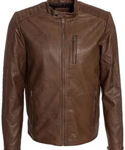 Mens Waxed Sheepskin Fashion Leather Jacket Camel Brown