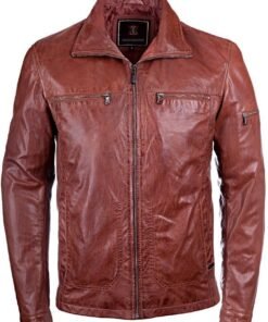 Mens Waxed Sheepskin Fashion Leather Jacket Tan Brown