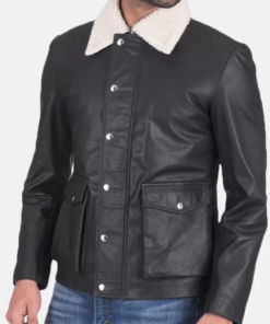 Men’s Flap Pockets Black Leather Jacket