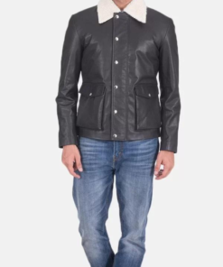 Men’s Flap Pockets Black Leather Jacket