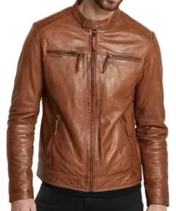 Men’s Slim Fit Brown Leather Biker Jacket