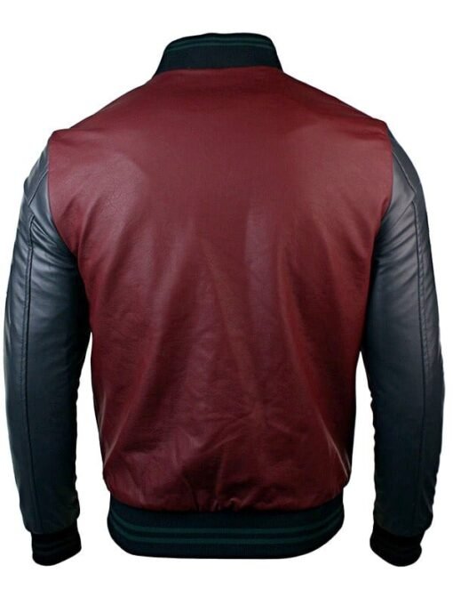 Mens Synthetic Leather Baseball Jacket Maroon