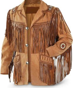 Mens Cowboy Western Leather With Fringe Native Jacket