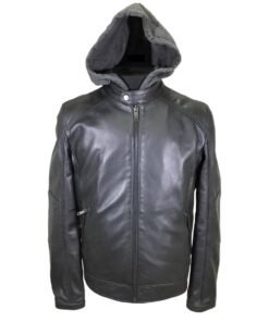 Men’s Detachable Hood Biker Leather Jacket