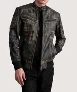 Sven Distressed Brown Leather Bomber Jacket