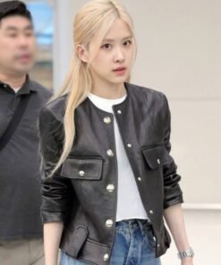 Blackpink Rose Black Collarless Leather Jacket