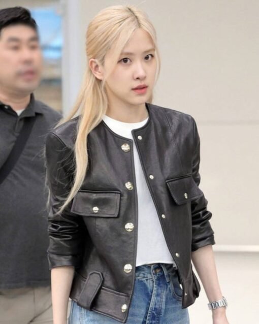 Blackpink Rose Black Collarless Leather Jacket