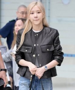 Blackpink Rose Black Collarless Leather Jacket