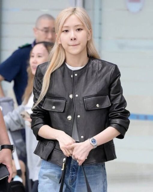 Blackpink Rose Black Collarless Leather Jacket