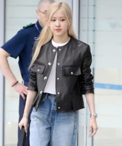 Blackpink Rose Black Collarless Leather Jacket