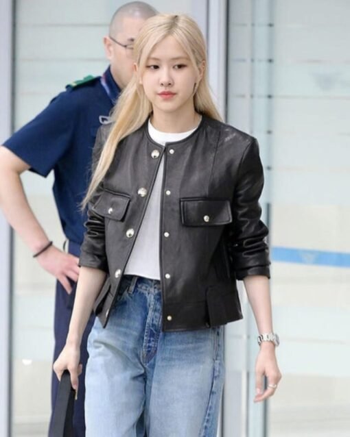 Blackpink Rose Black Collarless Leather Jacket