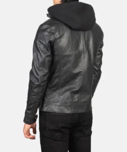 Black Removable Hood Motorcycle Leather Jacket
