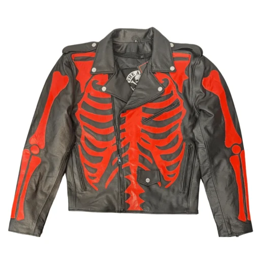 Skeleton Bones Red On Black Classic Style Leather Jacket