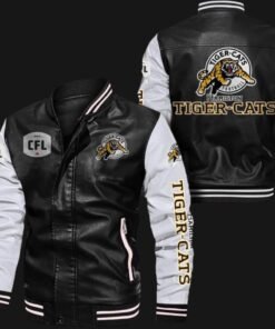 Black White Hamilton Tiger-cats Leather Bomber Jacket