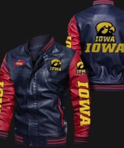Blue Red Iowa Hawkeyes Leather Bomber Jacket