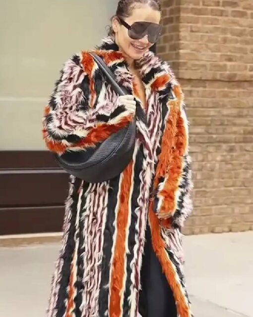 Met Gala 2024 Rita Ora Fur Stripes Orange Coat