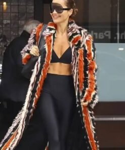 Met Gala 2024 Rita Ora Fur Stripes Orange Coat