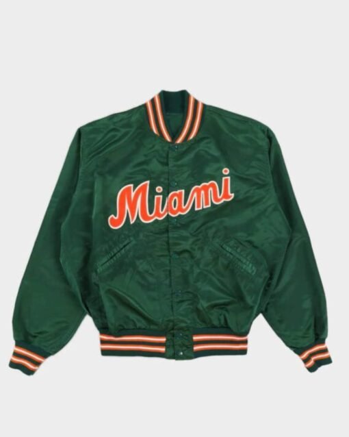 Vintage 90s Green Miami Hurricanes Satin Bomber Jacket