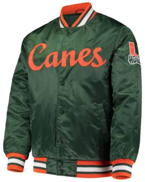 Green Miami Hurricanes O Line Full Button Satin Jacket