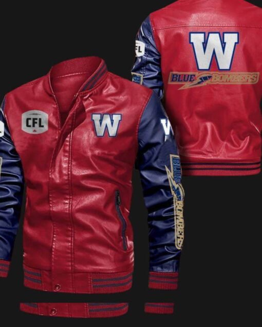 Red Navy Winnipeg Blue Bombers Leather Bomber Jacket