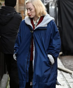 Saoirse Ronan Blitz 2024 Blue Shearling Hooded Jacket
