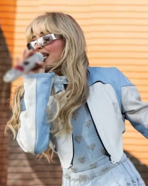 Sabrina Carpenter Coachella Moto Blue And White Jacket