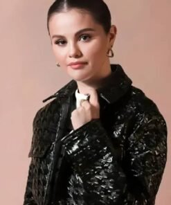 Selena Gomez Houndstooth-Pattern Leather Jacket