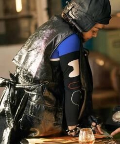 Twist Rita Ora Black Leather Sleeveless Long Coat