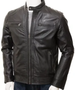 Black Leather Double Pockets Biker Jacket Men’s