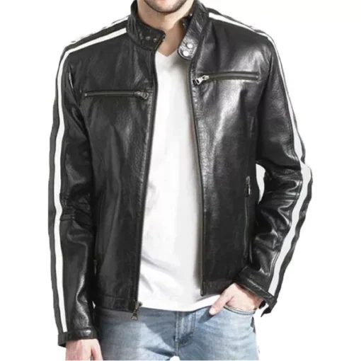 White Striped Black Cafe Racer Jacket