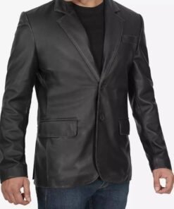Mens Notch Lapel 2 Buttons Black Lambskin Leather Blazer