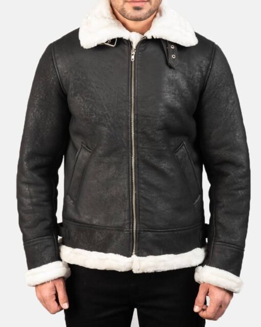 Francis B-3 Distressed Black Leather Bomber Jacket